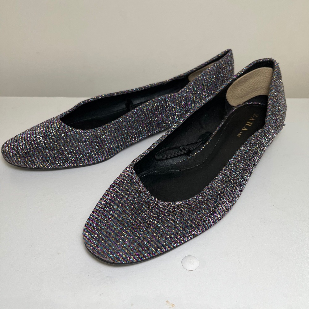 Zara Ballerina Ballet Flats Iridescent ShimmerFabric Silver Purple Black Sparkly